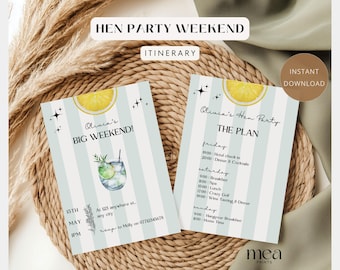 Bewerkbare uitnodiging en route vrijgezellenfeest vrijgezellenfeest met gin-thema | Digitale vrijgezellenweekendplanner | Sjabloon voor modern vrijgezellenfeest | Direct downloaden VK