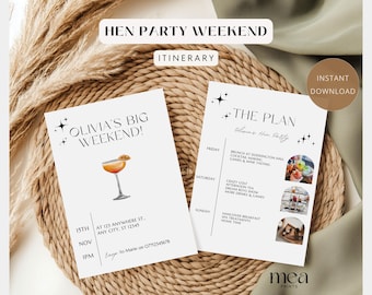 Editable Minimalist Hen Party Invite & Itinerary | Digital Hen Weekend Planner | Modern Bachelorette Party Template | Instant Download UK