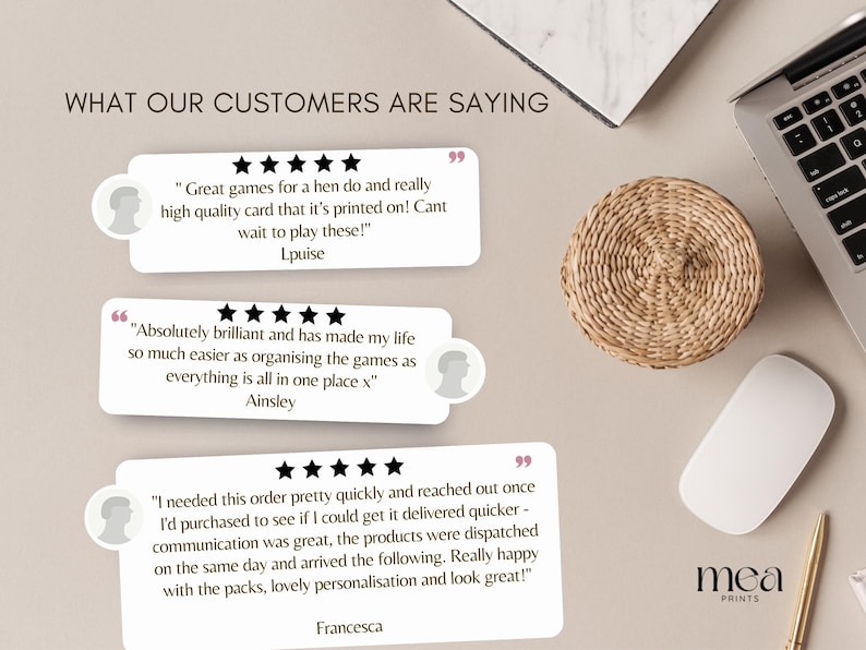 May include: A top-down shot of a workspace with customer testimonials. The image includes a laptop, a white mouse, a woven basket, and a gold pen. Text on the image reads "WHAT OUR CUSTOMERS ARE SAYING" and includes customer reviews.