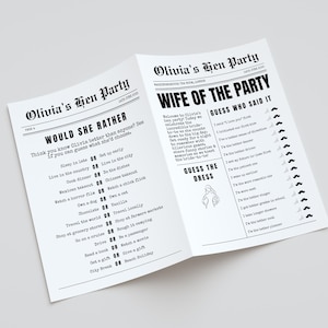 May include: A white paper booklet titled "Olivia's Hen Party" with black text. The booklet is open, displaying two pages with games and text like "Would She Rather" and "Wife of the Party".
