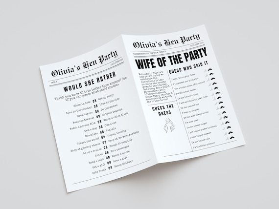 Personalised Newspaper Style Hen Do Games | Hen Party Games | Bridal Shower Games | Bachelorette Games | Mr and Mrs Quiz