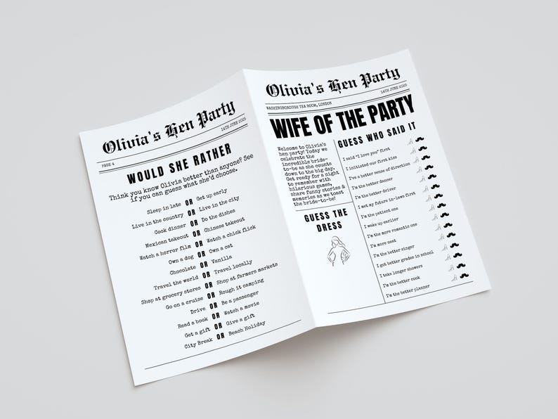 May include: A white paper booklet titled "Olivia's Hen Party" with black text. The booklet is open, displaying two pages with games and text like "Would She Rather" and "Wife of the Party".