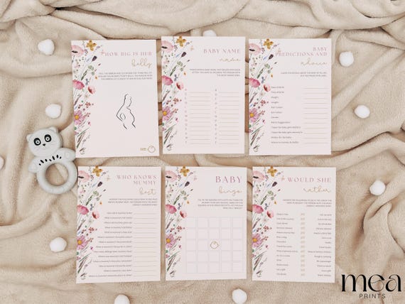 Floral Baby Shower Games Pack – 6 Fun Baby Shower Activities – Floral Baby Shower Games for Girls – Pink Baby Shower Ideas – UK Party Set