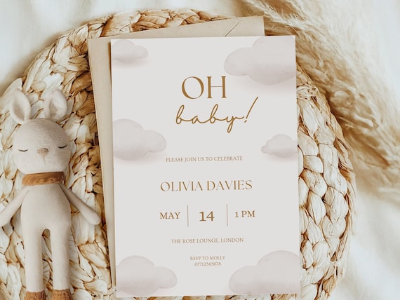 Oh Baby Modern Neutral Cloud Baby Shower Invitations | Gender Reveal Party | Baby Shower Invite | Personalised Invites