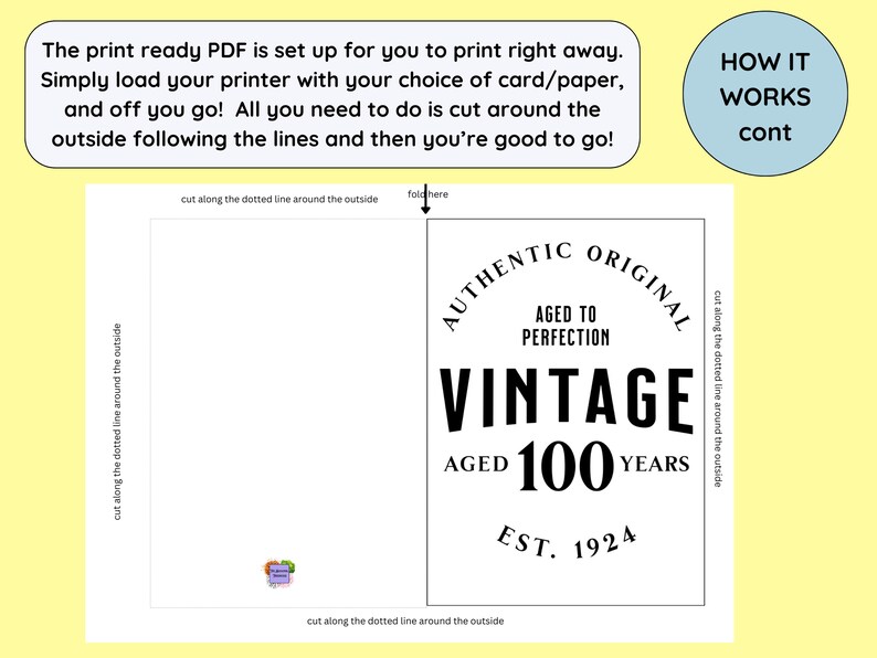 100th Birthday Card Printable Vintage 1924 DIY Card Print at Home