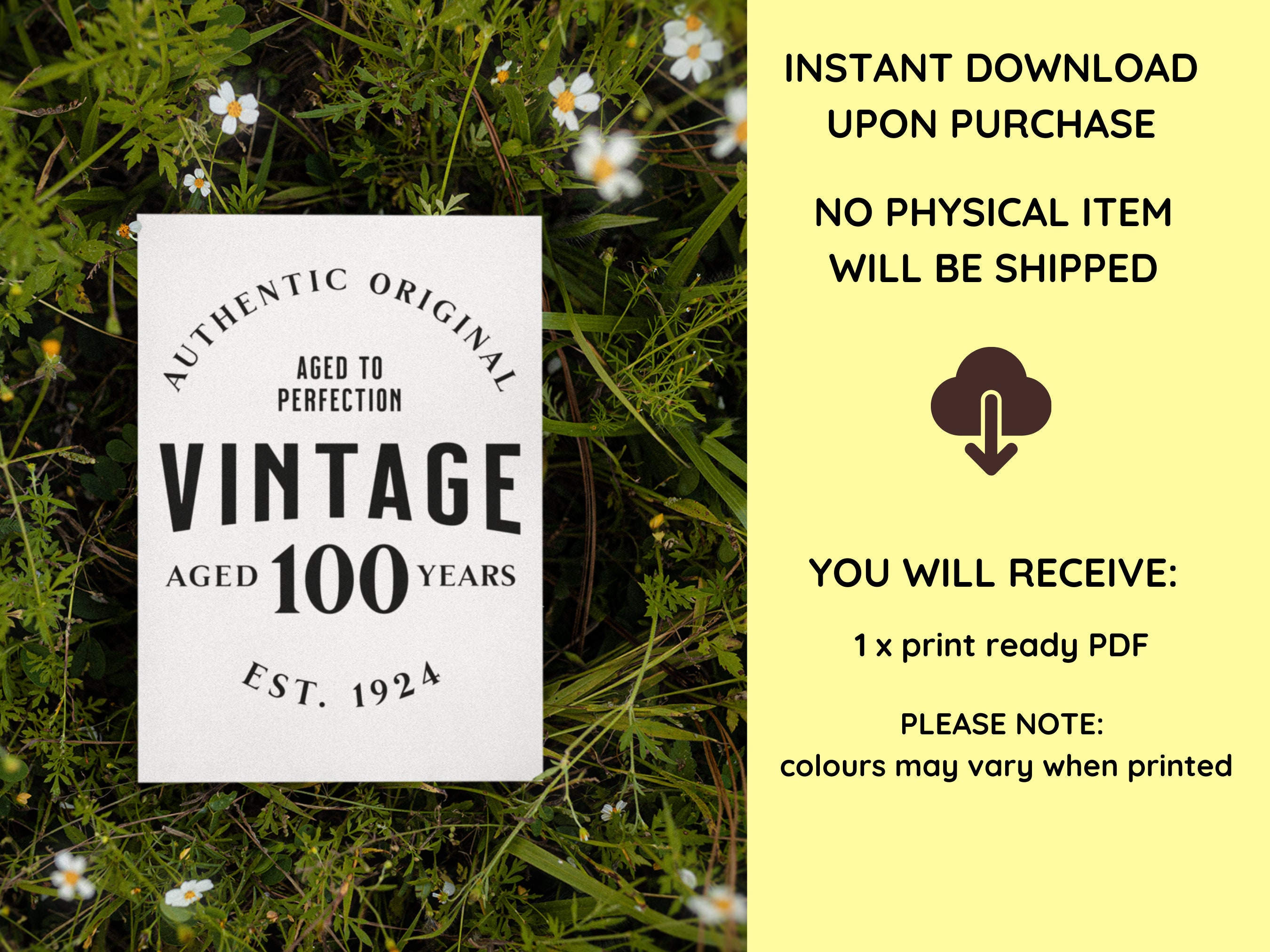 100th Birthday Card Printable Vintage 1924 DIY Card Print at Home ...