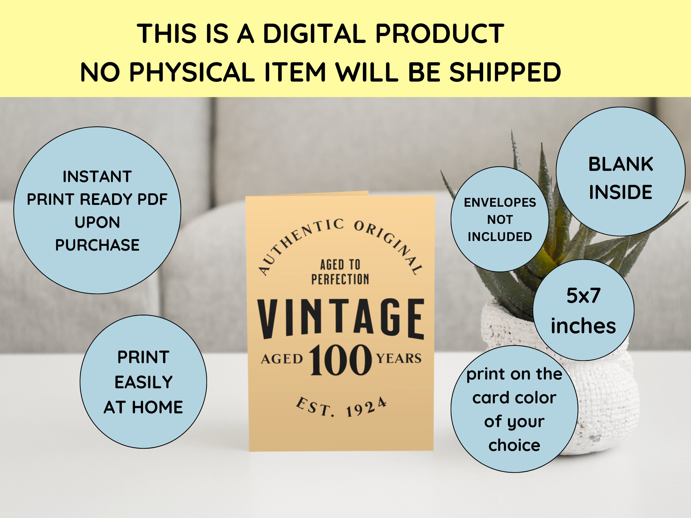 100th Birthday Card Printable Vintage 1924 DIY Card Print at Home ...
