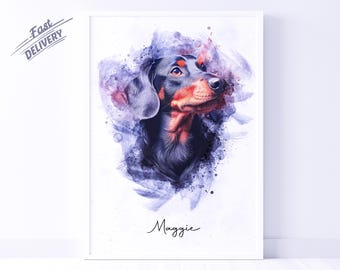 May include: A watercolor painting of a black and brown dachshund dog with a purple and blue background. The dog's name, "Maggie", is written in cursive at the bottom of the painting.