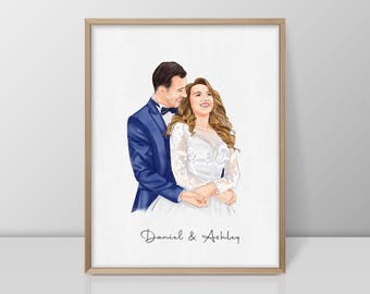 Ritratto di coppia personalizzato ad acquerello, disegnato a mano da una foto, ricordo di anniversario di matrimonio, regalo di San Valentino/Natale, regalo per fidanzato/a