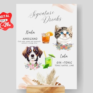 Haustier Signature Getränkeschild, Hunde-Cocktail-Schild, His And Her Drink-Schild mit Haustier, Katzensignatur Bar-Menü-Schild, Hochzeitsgetränk-Schild, Open Bar-Schild