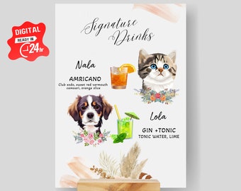Pet Signature drink sign, Dog Cocktail Sign, His And Her Drink sign with Pet, Cat signature Bar Menu Sign, Wedding Drink Sign, Open Bar sign