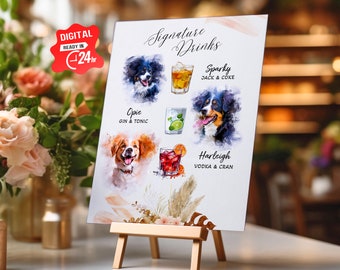May include: A white sign with the text "Signature Drinks" in black cursive script. The sign features four illustrated dogs with their names and drink recipes: Sparky (Jack & Coke), Opie (Gin & Tonic), Harleigh (Vodka & Cran), and another dog. The sign is on a small wooden easel.