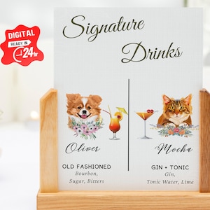 Signe de cocktail Signature pour animaux de compagnie | Boisson exclusive pour chien | Signe de menu de bar de mariage | Boisson pour elle et lui | Bar ouvert signe | Signe de boisson de chat de marié de mariée