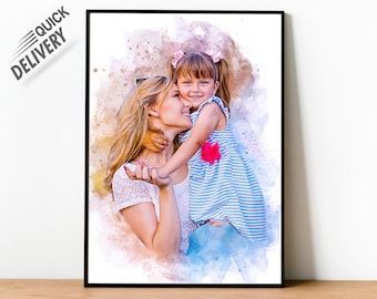 May include: A watercolour painting of a mother and daughter. The mother is wearing a white shirt and the daughter is wearing a blue and white striped dress. They are both smiling and looking at each other.