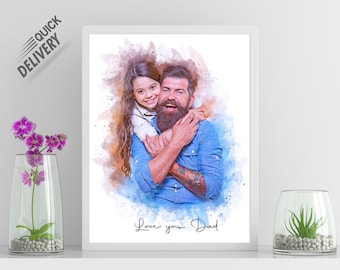 Könnte beinhalten: Ein gerahmtes Porträt im Aquarellstil eines Vaters und Kindes, die sich umarmen, mit dem Text "Love you Dad". Das Bild hat einen weißen Rahmen und ist vor einem weißen Hintergrund platziert. Die Worte "Quick Delivery" befinden sich in der oberen linken Ecke.