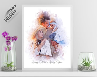 Cadeau fête des pères personnalisé peinture portrait aquarelle à partir de la photo | Portrait de famille personnalisé | Cadeau d'anniversaire pour papa | Cadeau nouveau papa
