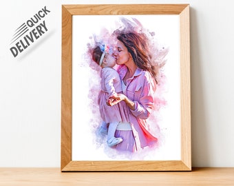 Mothers Day Gift Personalized Watercolor portrait, New Mom Gift, Family Portrait from photo, First Christmas gift, Birthday gift for her