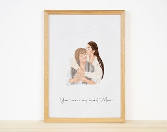 Mothers Day Gift Personalized Watercolor Portrait, Drawing from photo First Mom Gift, Family Portrait, godparent gift, Birthday Gift for Mom