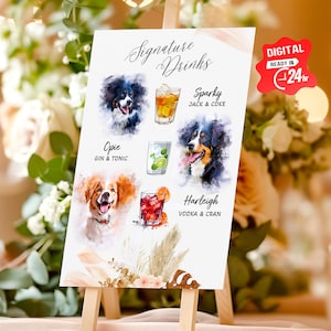 Enseigne pour boisson signature animal de compagnie, enseigne pour boisson signature chien et chat, enseigne pour bar de mariage avec photo de chien, boisson signature pour mariage, enseigne ouverte unique