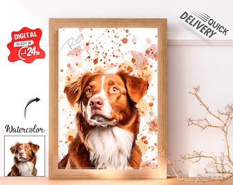 May include: Watercolor painting of a brown and white dog with a splash of color background. The dog's name is "Rexy" written in cursive.