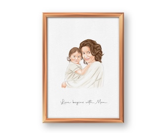 May include: A framed illustration of a woman holding a young child. The woman and child are both smiling. The text "Love begins with Mom" is written below the image.