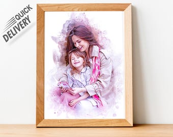 Personalized Mother's Day Gift from daughter, First Christmas gift, Watercolor Family portrait from photo, New mom gift, Mom Birthday gift