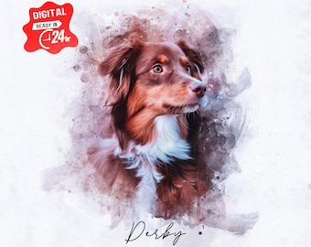 May include: A watercolor painting of a brown and white dog with a black nose. The dog is looking to the right and has a white patch on its chest. The dog's name, "Derby", is written in cursive at the bottom of the image. The image has a red stamp that says "Digital Ready in 24hr".