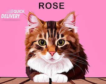 May include: A brown and white tabby cat with green eyes, named "ROSE", is sitting on a wooden surface. The cat is looking directly at the camera with a curious expression.