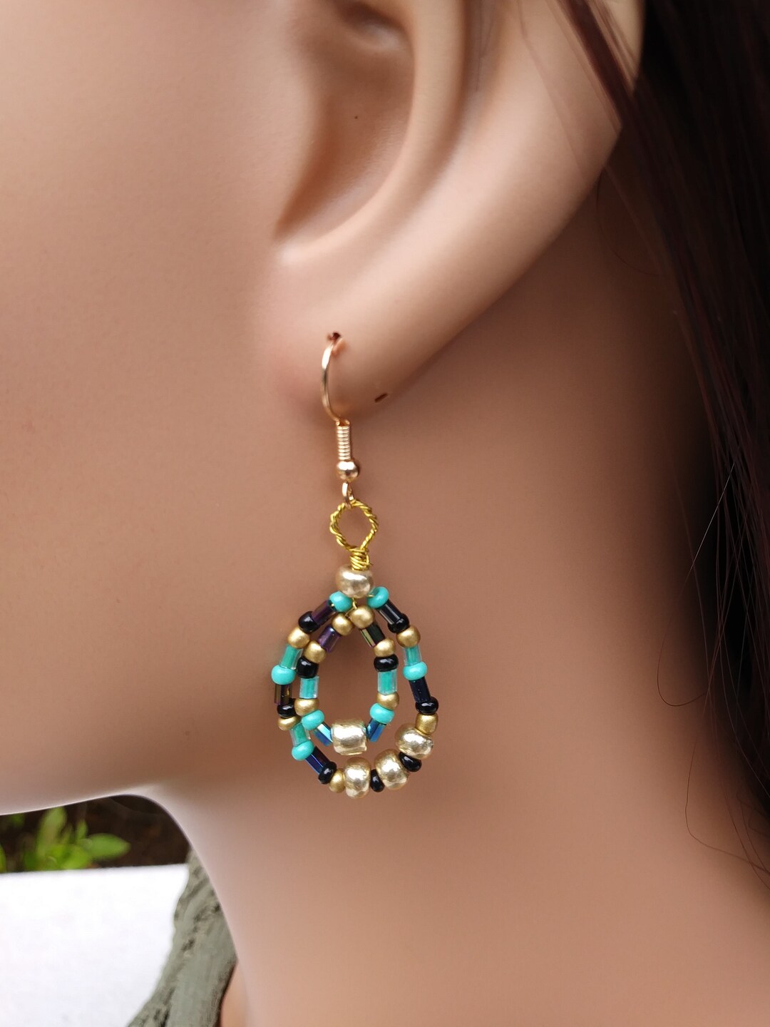 Viking Nordic Celtic Beaded Gold Turquoise Black Glass Dangle Fishhook ...