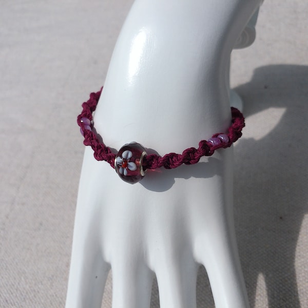 Burgundy Wine Flower Glass Beads Macrame Hemp Bracelet with Lobster Clasp