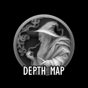 May include: A grayscale image of a wizard smoking a pipe, set within a circular frame. The wizard wears a pointed hat and long robes, with swirling smoke around the frame. The text "DEPTH MAP" is displayed at the bottom.