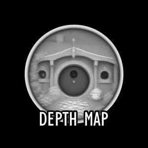 May include: A grayscale image of a round, detailed illustration of a hobbit hole with a round door and windows. The text "DEPTH MAP" is displayed in white at the bottom of the image against a black background.