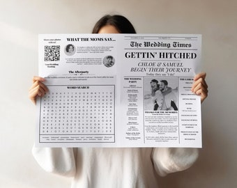 Plantilla de programa de periódico del día de la boda, periódico de boda doblado de 4 páginas, cronología de boda de Canva imprimible, programa de ceremonia editable divertido