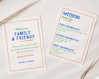 Funky Wedding Weekend Itinerary Template, Doodle Welcome Timeline Card, Editable Instant Download, Printable Note for Welcome Bags