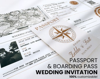 Passport Wedding Invitation, Destination Wedding Boarding Pass Template, Travel Theme Invitation Set, Editable Canva Printable Bundle