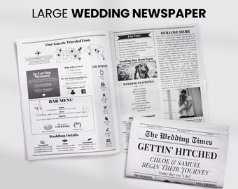 Folded Wedding Newspaper Program Template, Wedding Itinerary with Timeline, Editable 4 Page Folded Newspaper, Printable Canva Template