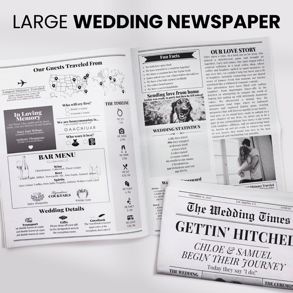 Folded Wedding Newspaper Program Template, Wedding Itinerary with Timeline, Editable 4 Page Folded Newspaper, Printable Canva Template