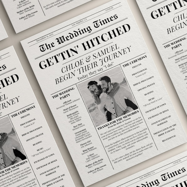 Wedding Day Newspaper Program Template, 4 Page Folded Wedding Newspaper, Printable Canva Wedding Timeline, Fun Editable Ceremony Program
