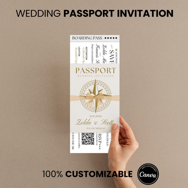 Passport Wedding Invitation Suite, Boarding Pass Destination Wedding Template, Travel Theme Editable Canva Stationary Set, Printable Bundle