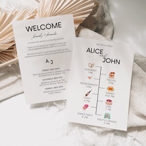 Wedding Weekend Timeline Template Program, Editable Wedding Day Itinerary Template with Icons, Printable Welcome Bag Note, Digital Download