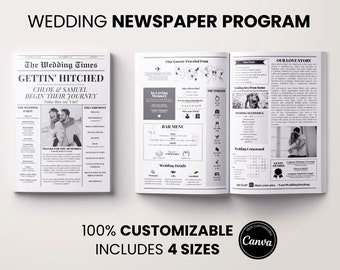 Plantilla de programa de periódico del día de la boda, periódico de boda doblado de 4 páginas, cronología de boda de Canva imprimible, programa de ceremonia editable divertido