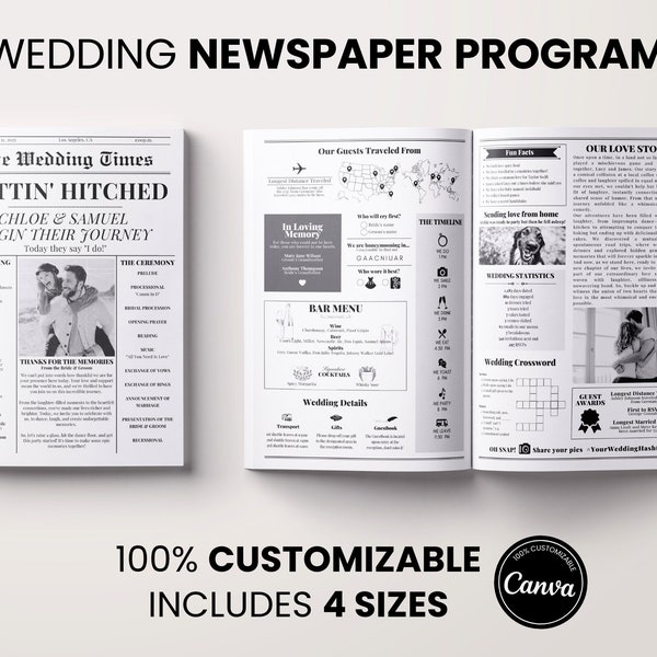 Wedding Day Newspaper Program Template, 4 Page Folded Wedding Newspaper, Printable Canva Wedding Timeline, Fun Editable Ceremony Program