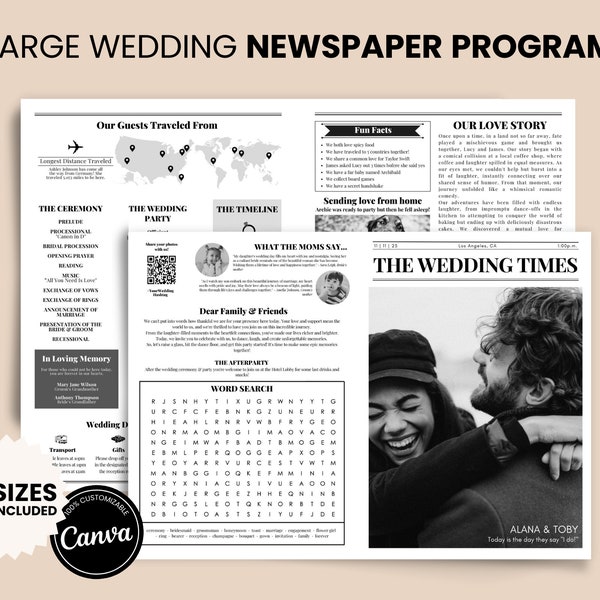 Wedding Newspaper Program Template, Editable 4 Page Wedding Itinerary Template With Timeline, Wedding Crossword, Printable Canva Template