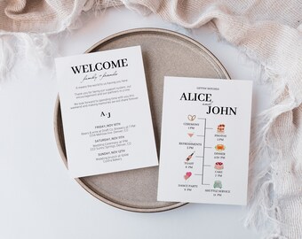 Modern Wedding Program Template, Wedding Weekend Itinerary, Welcome Letter & Timeline, Printable Card Welcome Bag, Digital Canva Download