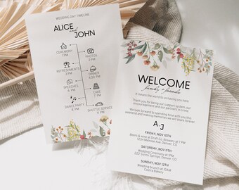 Boho Wedding Weekend Itinerary Template, Editable Ceremony Program, Floral Wedding Timeline, Printable Welcome Card, Digital Template DIY