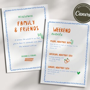 Oryginalny szablon planu weekendu ślubnego, list powitalny i harmonogram, edytowalny program ceremonii, karta wydarzenia do wydrukowania, szablon cyfrowy