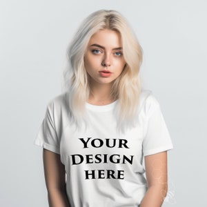 White t shirt mockup, Blonde model, white mockup, Boho Model Mockup, commercial use