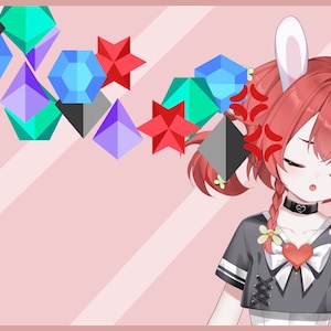 Puede incluir: Ilustración de un personaje con cabello rojo, orejas de conejo y un collar negro. El personaje lleva una camiseta negra y blanca con un corazón. Formas geométricas de varios colores dispersas sobre un fondo rosa.