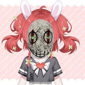 Może przedstawiać: Postać z kreskówki z czerwonymi włosami i warkoczami, nosząca białą opaskę na głowę z uszami królika i przerażającą, zszytą maskę z szerokim uśmiechem i zielonymi oczami.