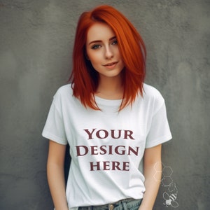 White t shirt mockup, red haired girl mockup, cotton t shirt mockup, cozy mockup, pretty girl mockup, Boho Model Mockup, commercial use